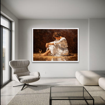 Contemplative Woman Sitting, Wine Glass Still Life Canvas, Modern Figurative Wall Art, Brown wall decoration, canvas print, wall art