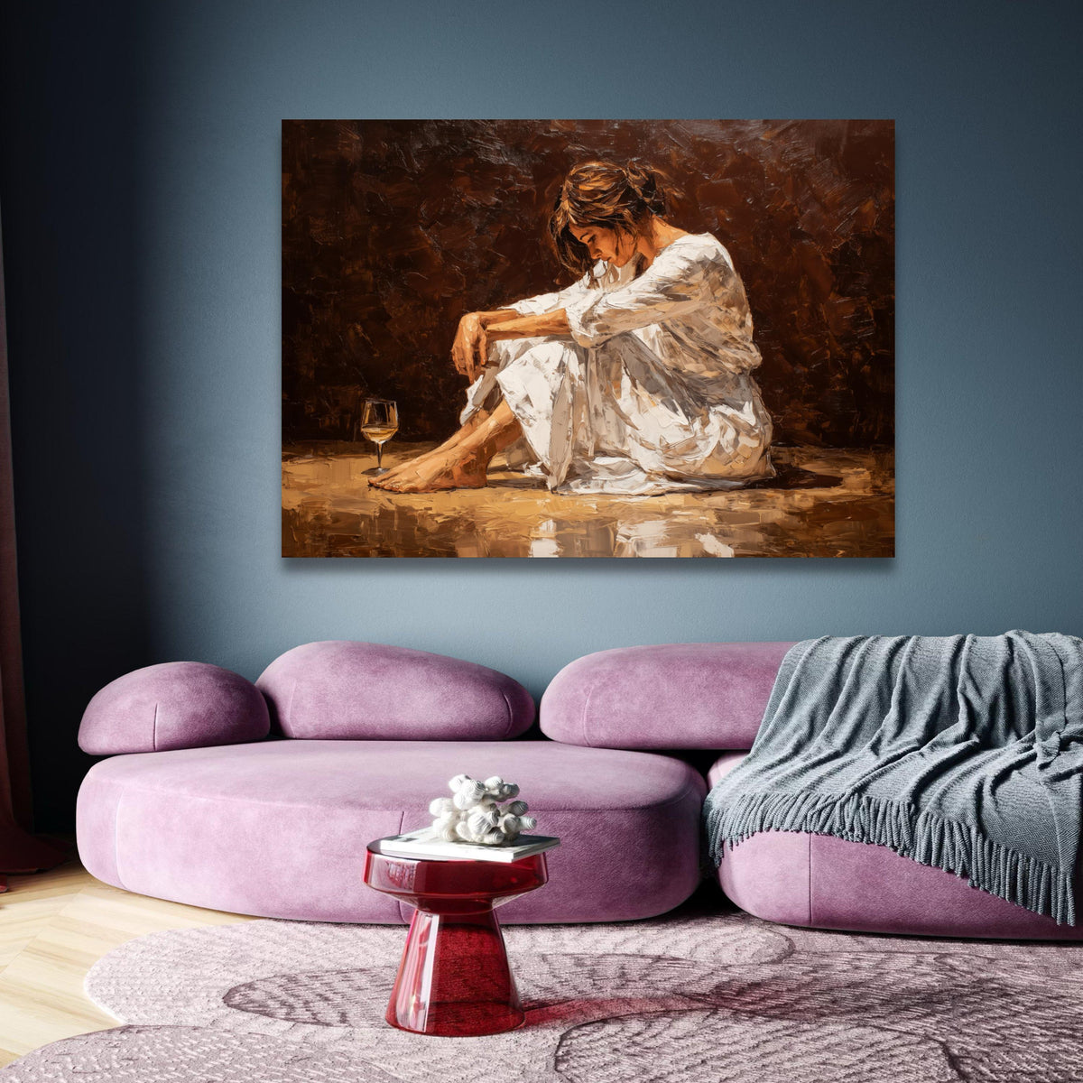 Contemplative Woman Sitting, Wine Glass Still Life Canvas, Modern Figurative Wall Art, Brown wall decoration, canvas print, wall art