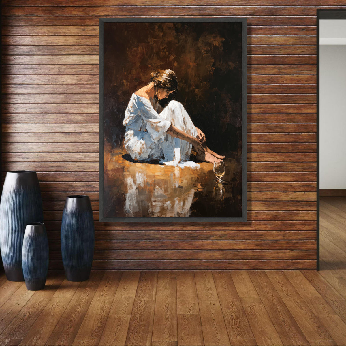 Reflective Woman Sitting, White Dress Canvas, Wine Glass Art, Emotional Expression Painting, Modern wall decoration, canvas print, wall art