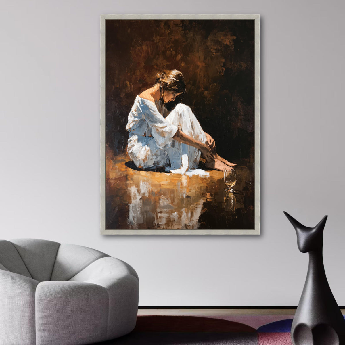 Reflective Woman Sitting, White Dress Canvas, Wine Glass Art, Emotional Expression Painting, Modern wall decoration, canvas print, wall art