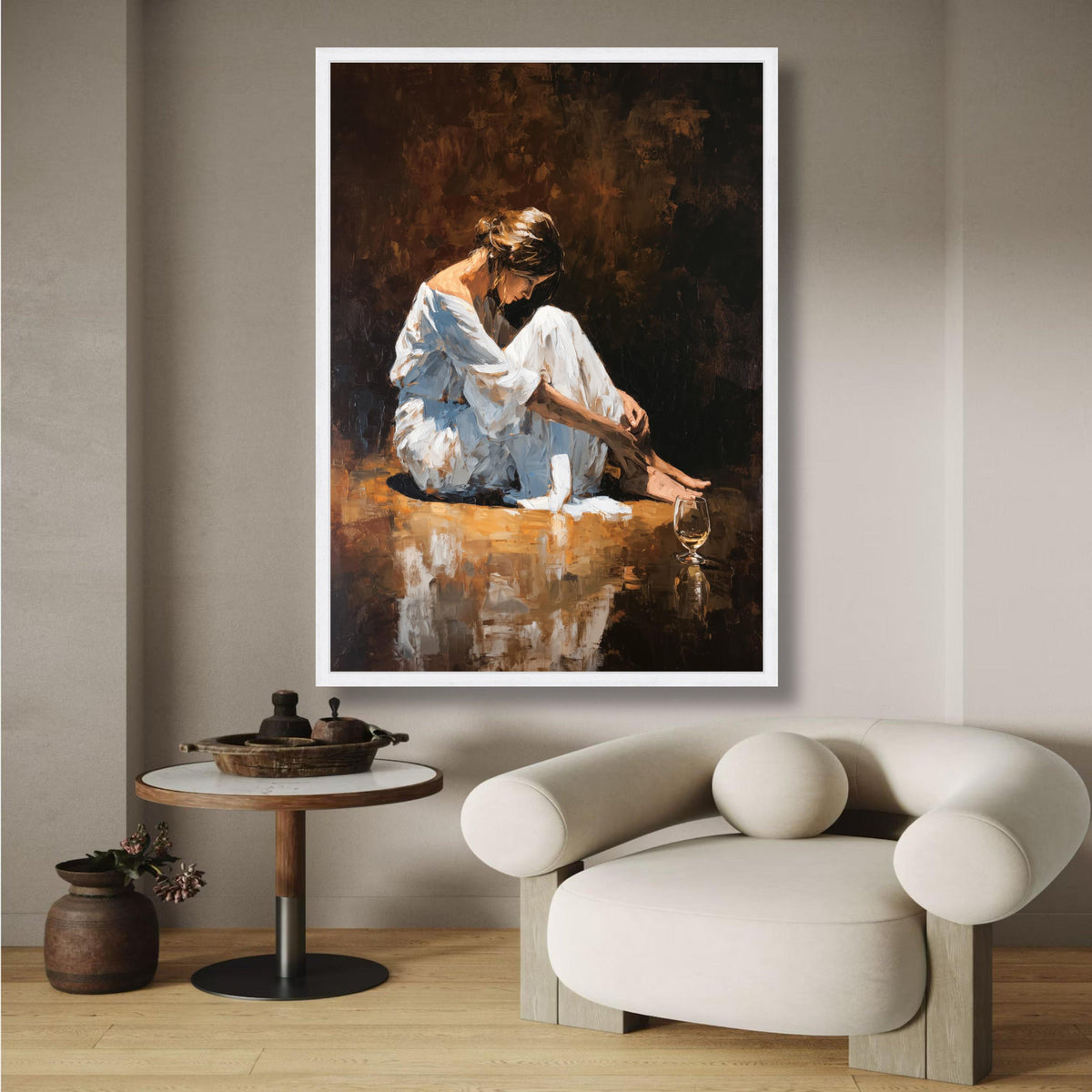 Reflective Woman Sitting, White Dress Canvas, Wine Glass Art, Emotional Expression Painting, Modern wall decoration, canvas print, wall art