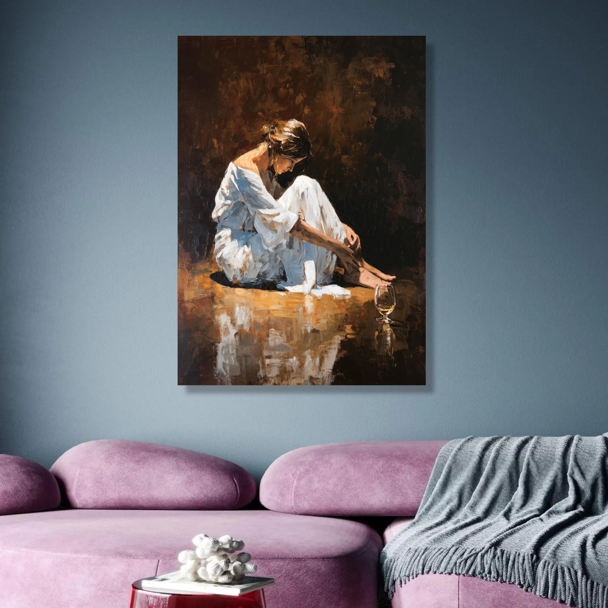 Reflective Woman Sitting, White Dress Canvas, Wine Glass Art, Emotional Expression Painting, Modern wall decoration, canvas print, wall art