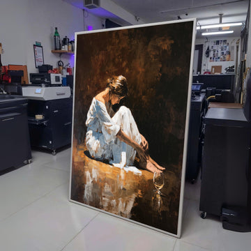 Reflective Woman Sitting, White Dress Canvas, Wine Glass Art, Emotional Expression Painting, Modern wall decoration, canvas print, wall art