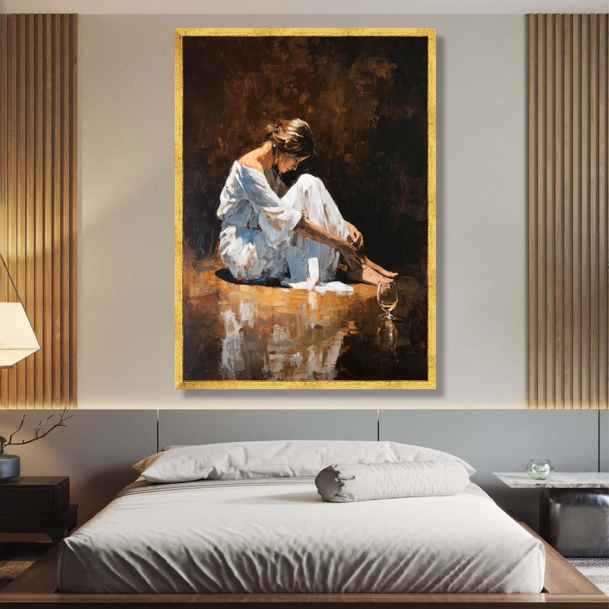 Reflective Woman Sitting, White Dress Canvas, Wine Glass Art, Emotional Expression Painting, Modern wall decoration, canvas print, wall art