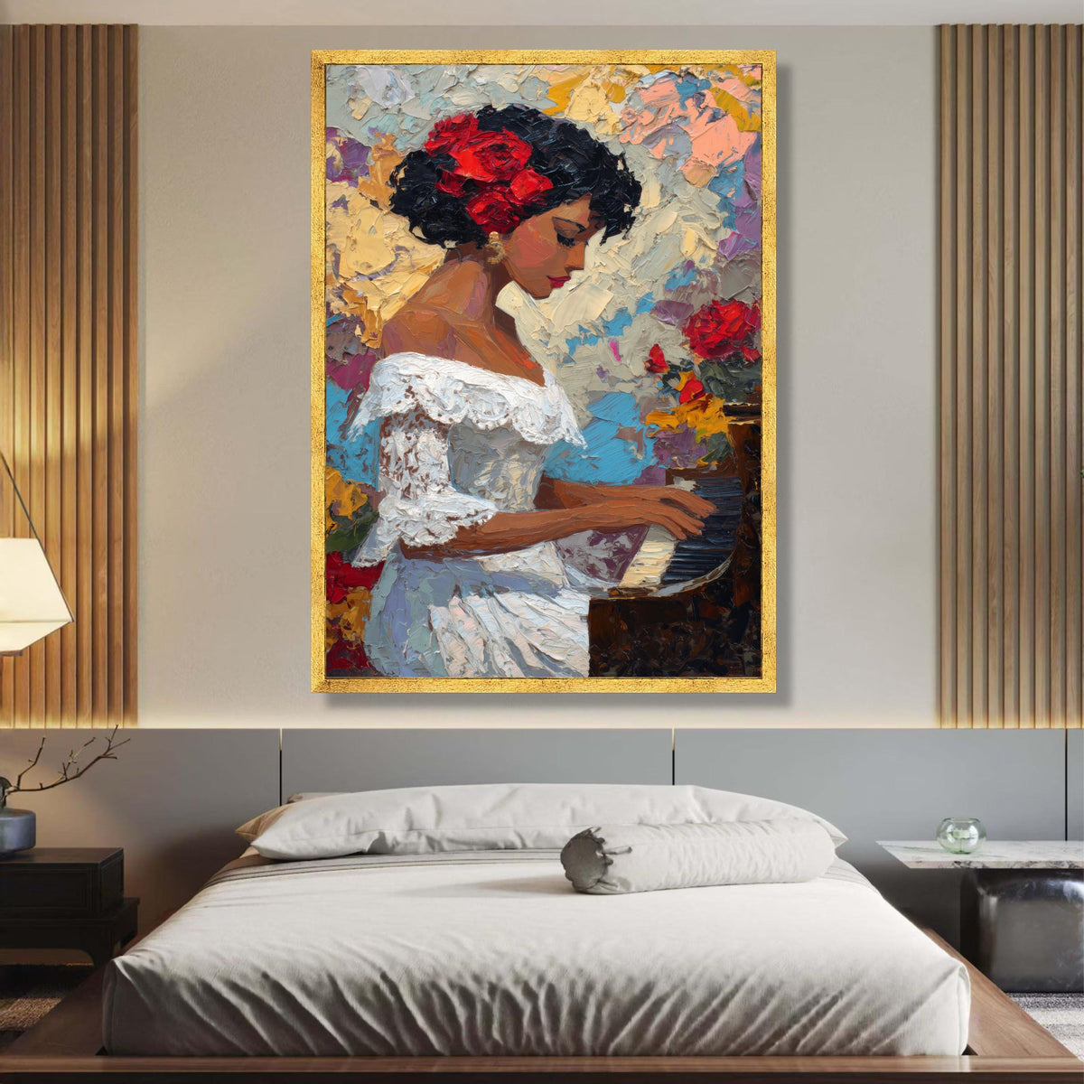 Elegant Woman Playing Piano Canvas, Floral Hair Accessory Artwork, Impressionist Portrait Wall Art, wall decoration, canvas print, wall art