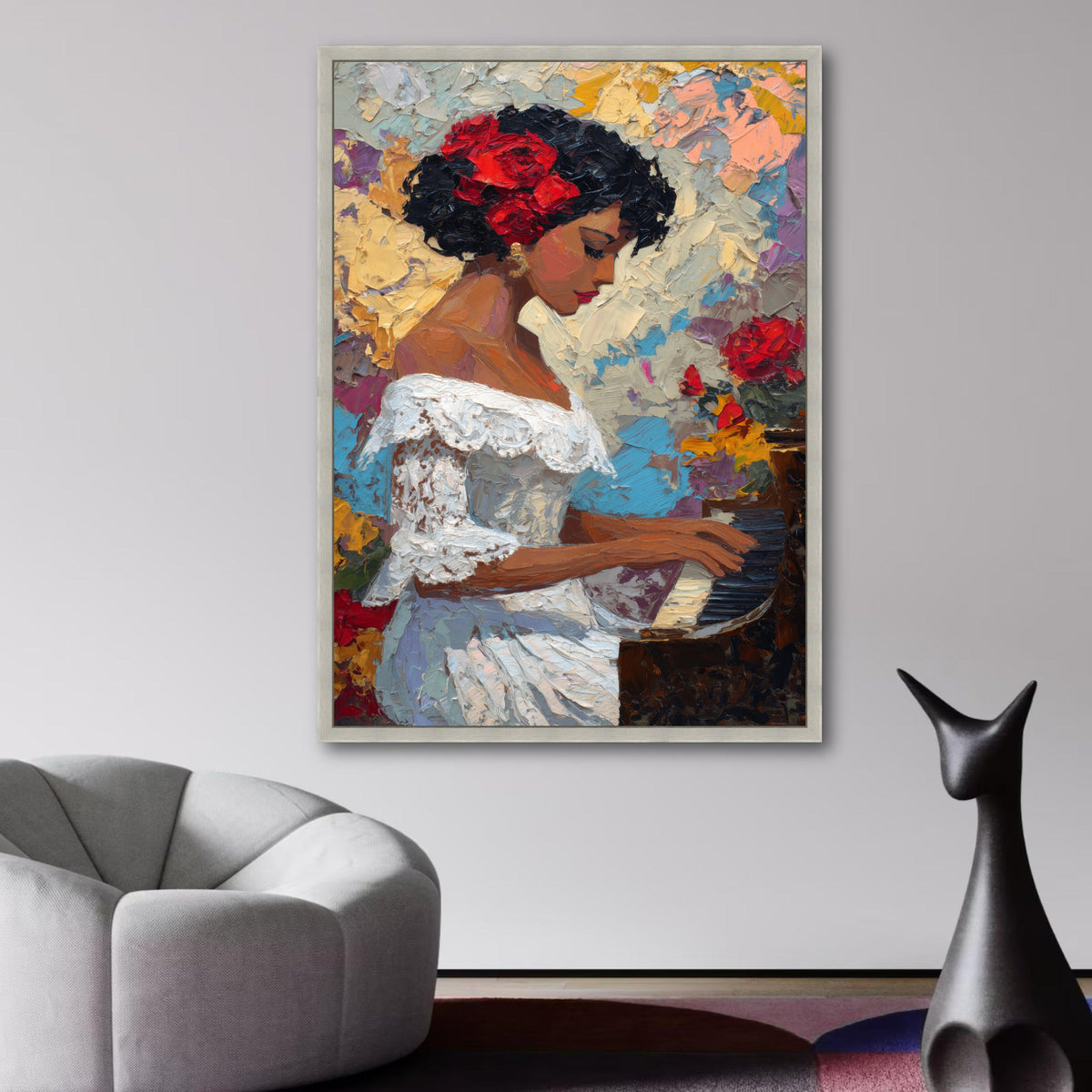 Elegant Woman Playing Piano Canvas, Floral Hair Accessory Artwork, Impressionist Portrait Wall Art, wall decoration, canvas print, wall art