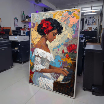 Elegant Woman Playing Piano Canvas, Floral Hair Accessory Artwork, Impressionist Portrait Wall Art, wall decoration, canvas print, wall art