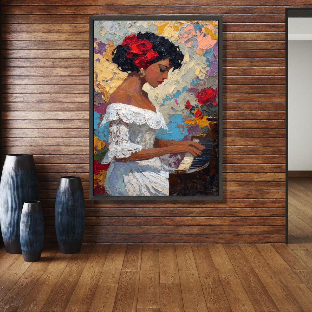 Elegant Woman Playing Piano Canvas, Floral Hair Accessory Artwork, Impressionist Portrait Wall Art, wall decoration, canvas print, wall art