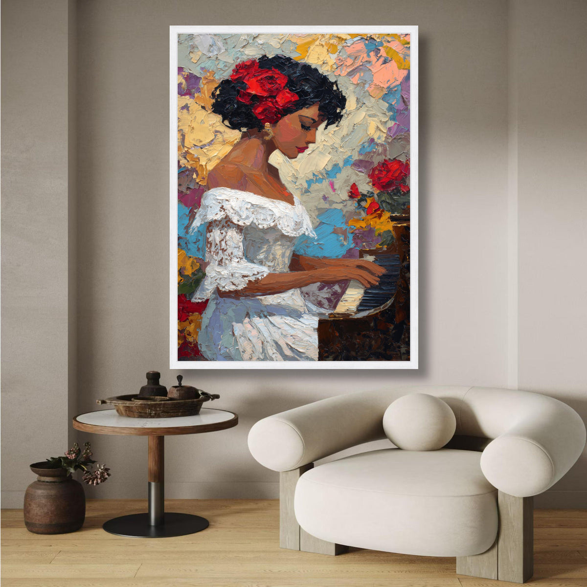 Elegant Woman Playing Piano Canvas, Floral Hair Accessory Artwork, Impressionist Portrait Wall Art, wall decoration, canvas print, wall art