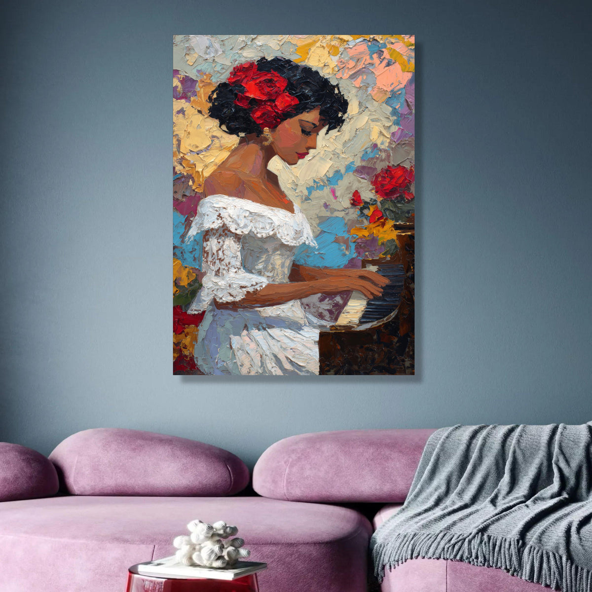Elegant Woman Playing Piano Canvas, Floral Hair Accessory Artwork, Impressionist Portrait Wall Art, wall decoration, canvas print, wall art