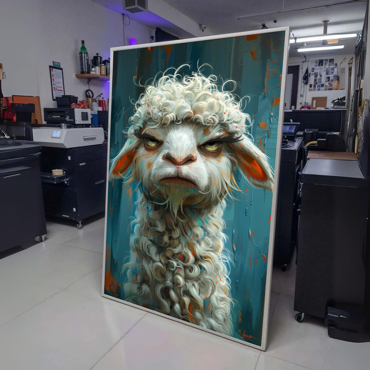 Whimsical Grumpy Sheep Canvas Wall Art, Curly Wool Farm Animal Portrait, Modern Rustic Home wall decoration, canvas print, wall art
