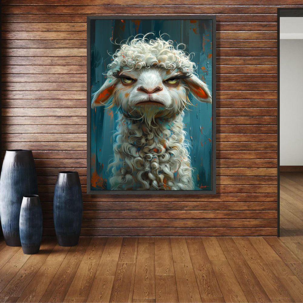 Whimsical Grumpy Sheep Canvas Wall Art, Curly Wool Farm Animal Portrait, Modern Rustic Home wall decoration, canvas print, wall art