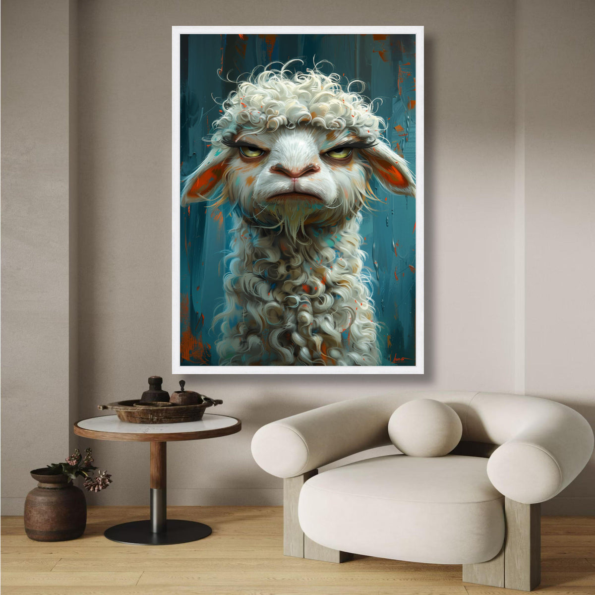 Whimsical Grumpy Sheep Canvas Wall Art, Curly Wool Farm Animal Portrait, Modern Rustic Home wall decoration, canvas print, wall art