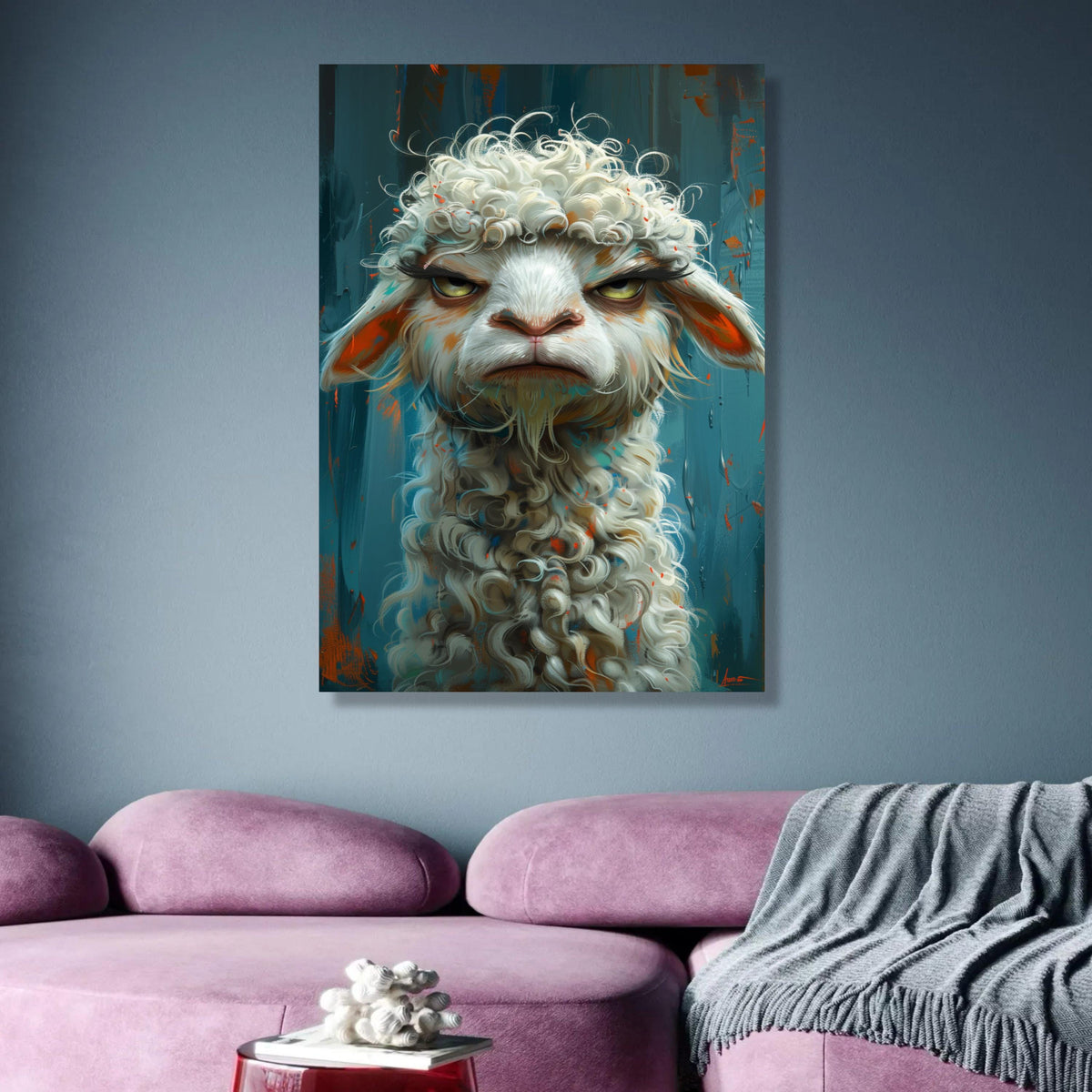 Whimsical Grumpy Sheep Canvas Wall Art, Curly Wool Farm Animal Portrait, Modern Rustic Home wall decoration, canvas print, wall art