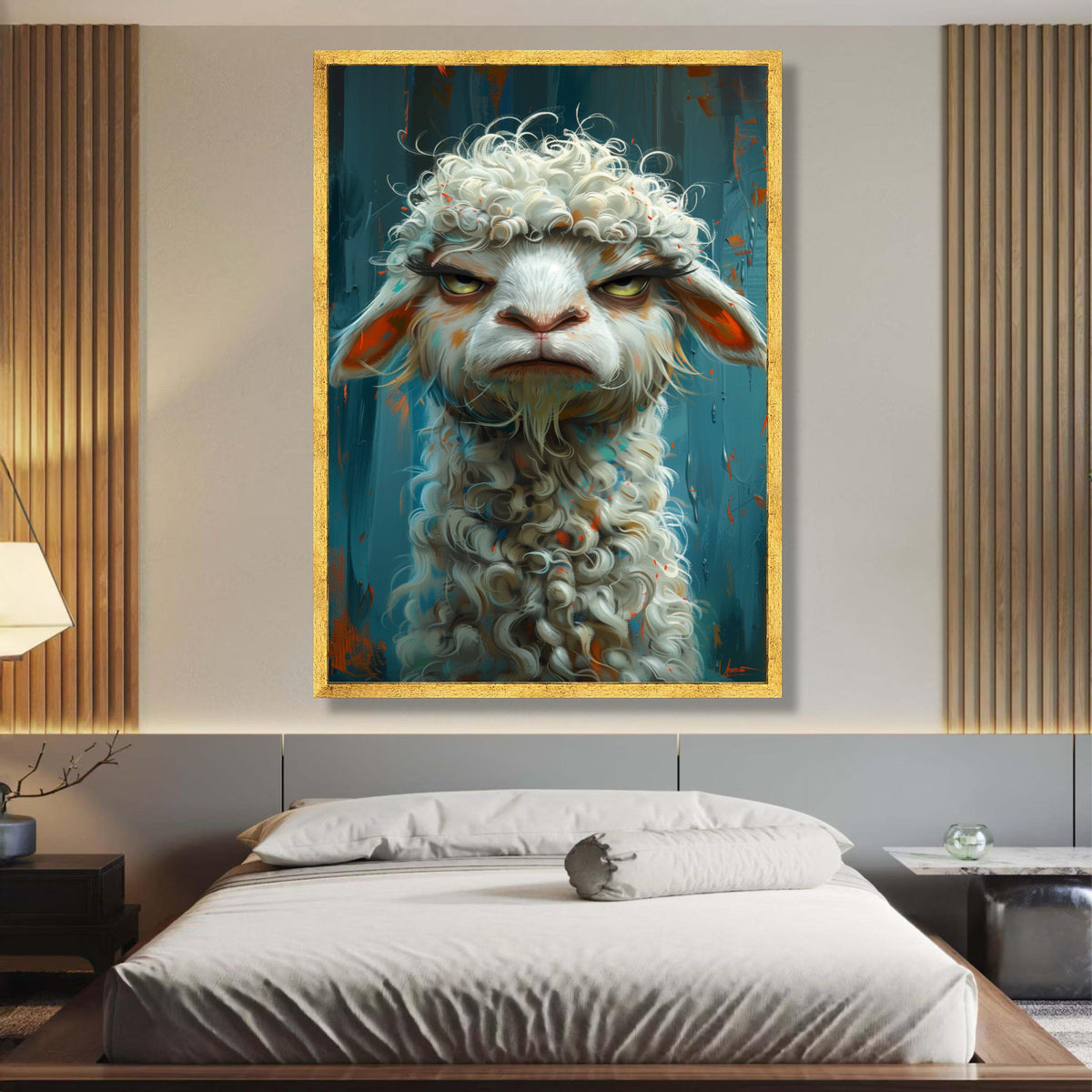 Whimsical Grumpy Sheep Canvas Wall Art, Curly Wool Farm Animal Portrait, Modern Rustic Home wall decoration, canvas print, wall art
