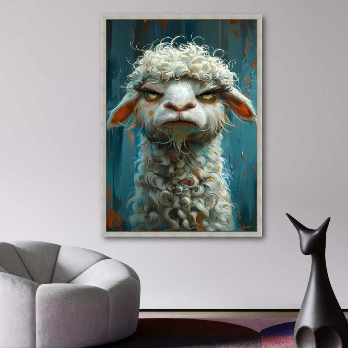 Whimsical Grumpy Sheep Canvas Wall Art, Curly Wool Farm Animal Portrait, Modern Rustic Home wall decoration, canvas print, wall art