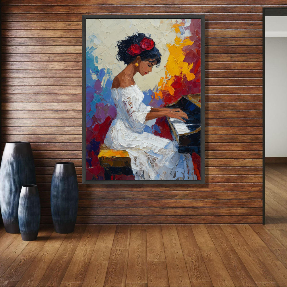 Elegant Woman Playing Piano Canvas, Impressionist Musical Art, White Dress Portrait, Colorful wall decoration, canvas print, wall art