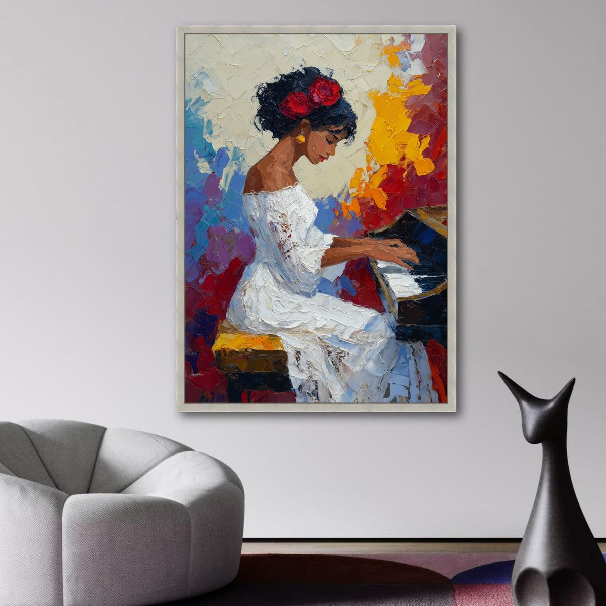 Elegant Woman Playing Piano Canvas, Impressionist Musical Art, White Dress Portrait, Colorful wall decoration, canvas print, wall art