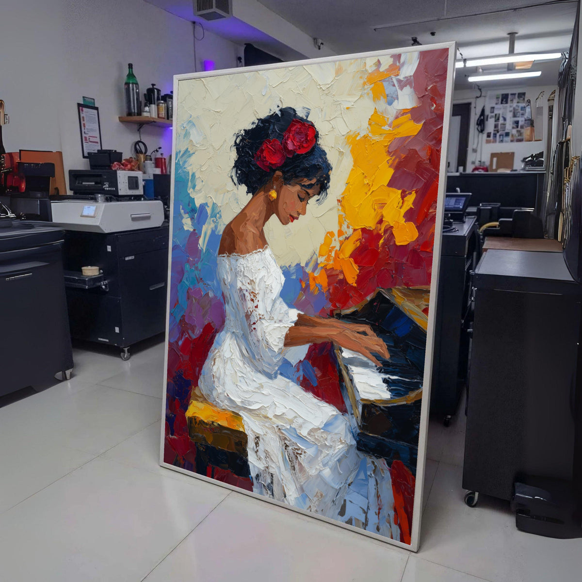 Elegant Woman Playing Piano Canvas, Impressionist Musical Art, White Dress Portrait, Colorful wall decoration, canvas print, wall art