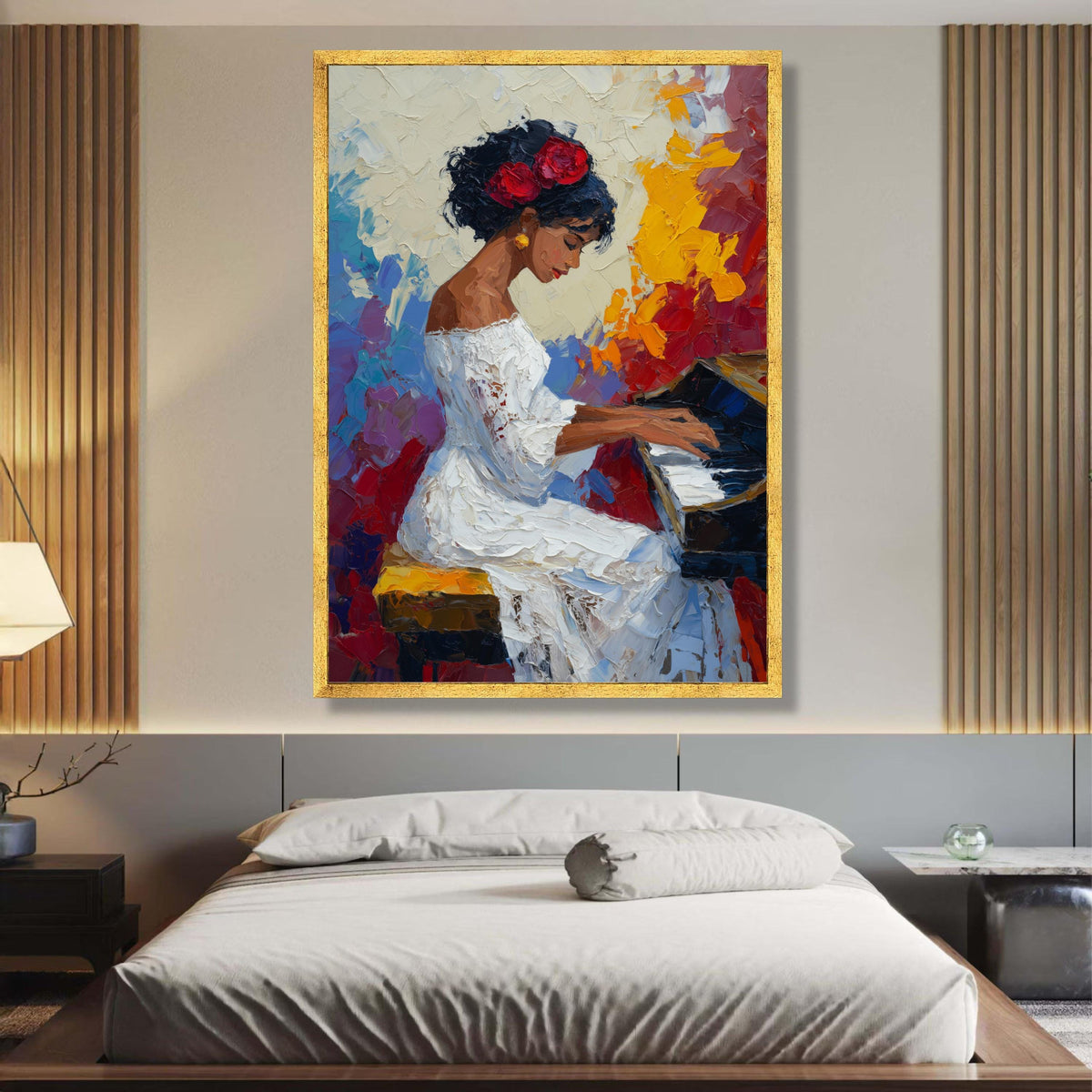 Elegant Woman Playing Piano Canvas, Impressionist Musical Art, White Dress Portrait, Colorful wall decoration, canvas print, wall art