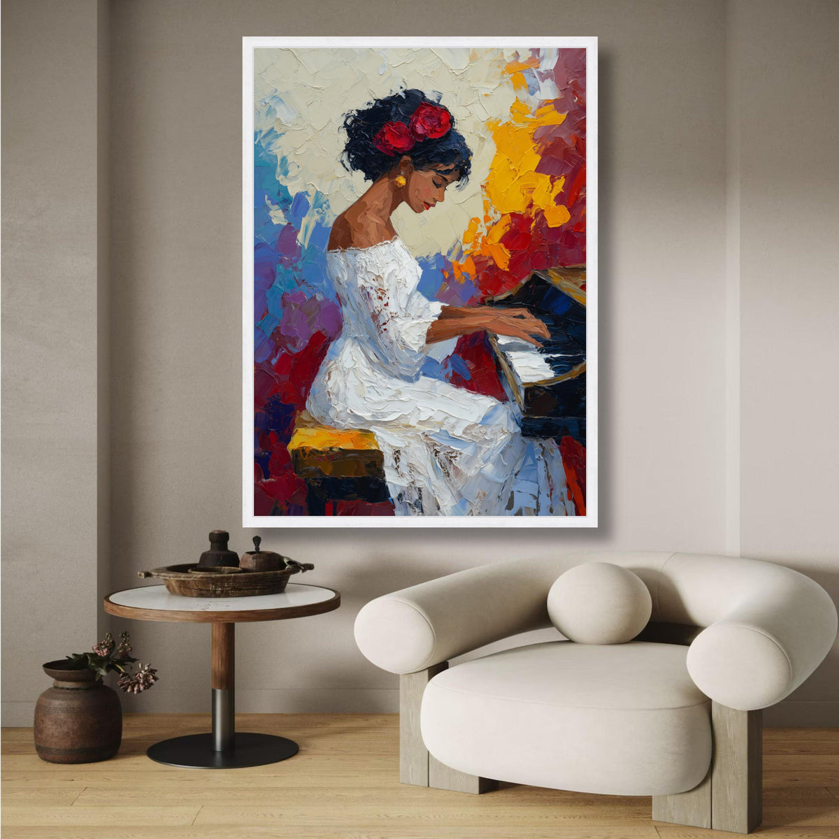 Elegant Woman Playing Piano Canvas, Impressionist Musical Art, White Dress Portrait, Colorful wall decoration, canvas print, wall art
