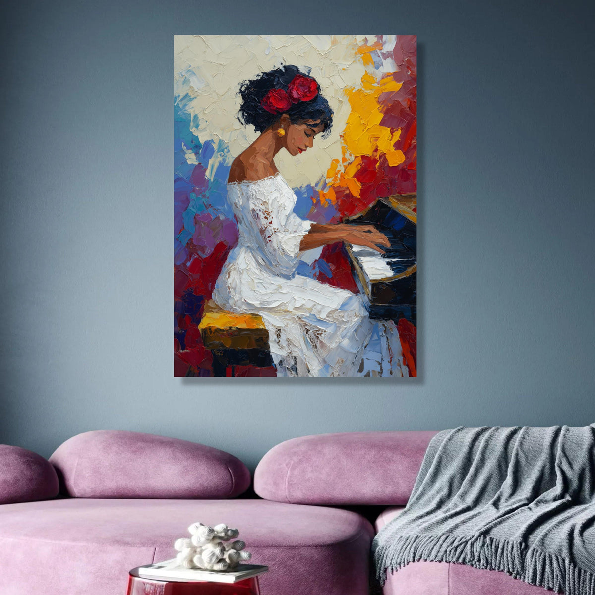 Elegant Woman Playing Piano Canvas, Impressionist Musical Art, White Dress Portrait, Colorful wall decoration, canvas print, wall art