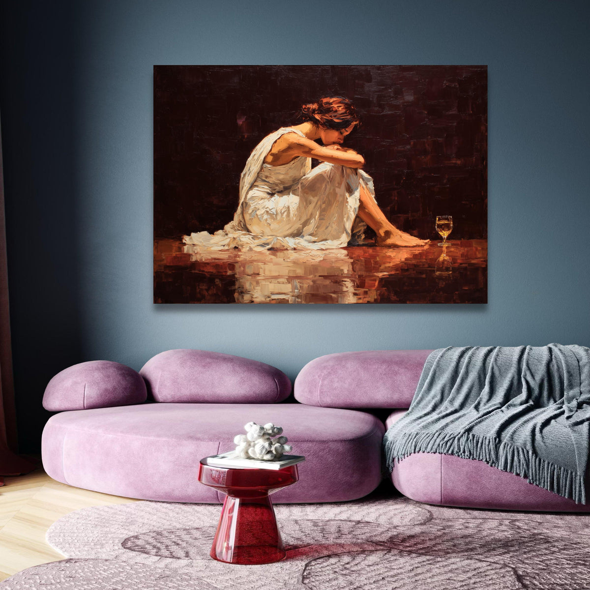 Reflective Woman Sitting, Contemplative Pose Canvas, White Dress Art, Emotional Expression Wall Art, wall decoration, canvas print, wall art