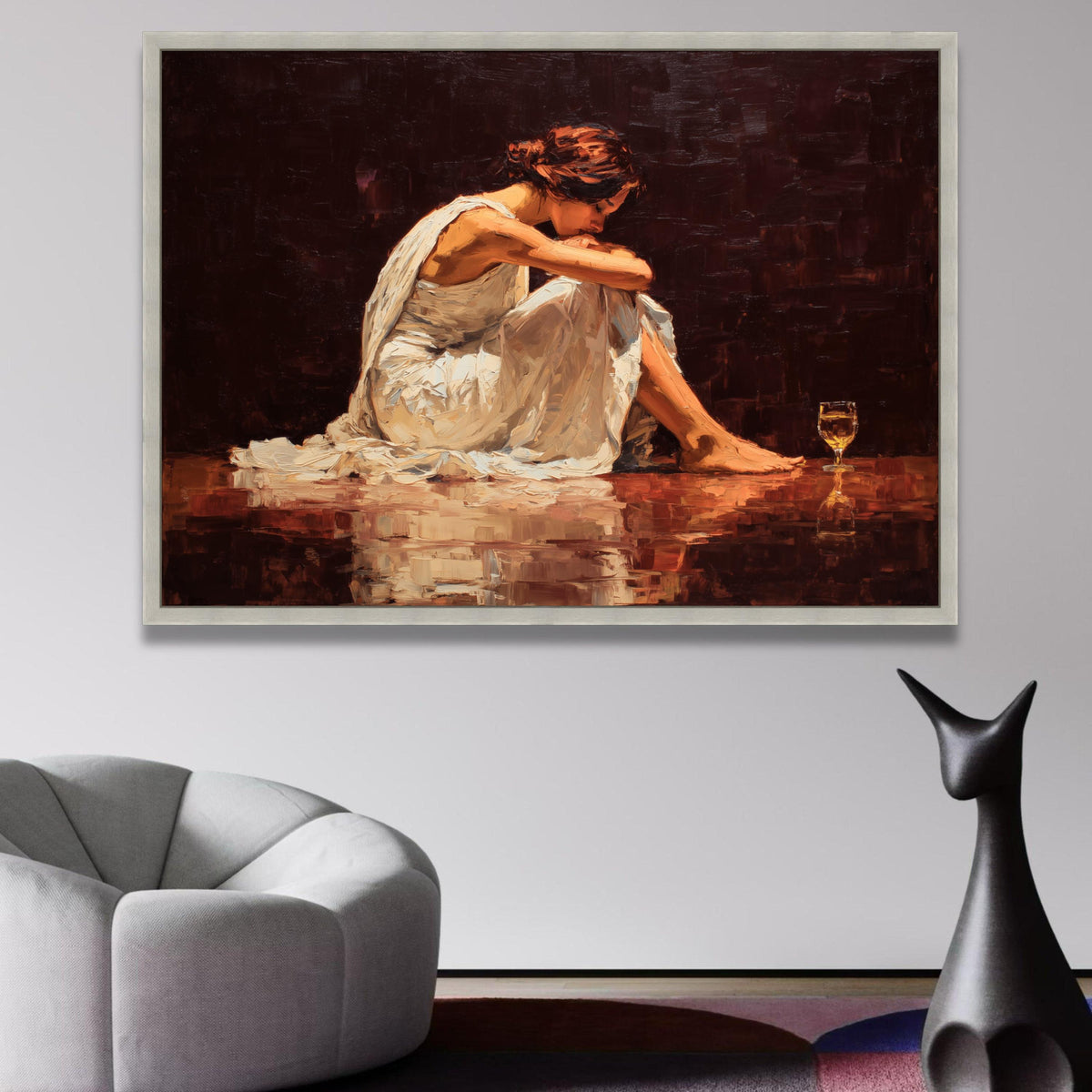 Reflective Woman Sitting, Contemplative Pose Canvas, White Dress Art, Emotional Expression Wall Art, wall decoration, canvas print, wall art