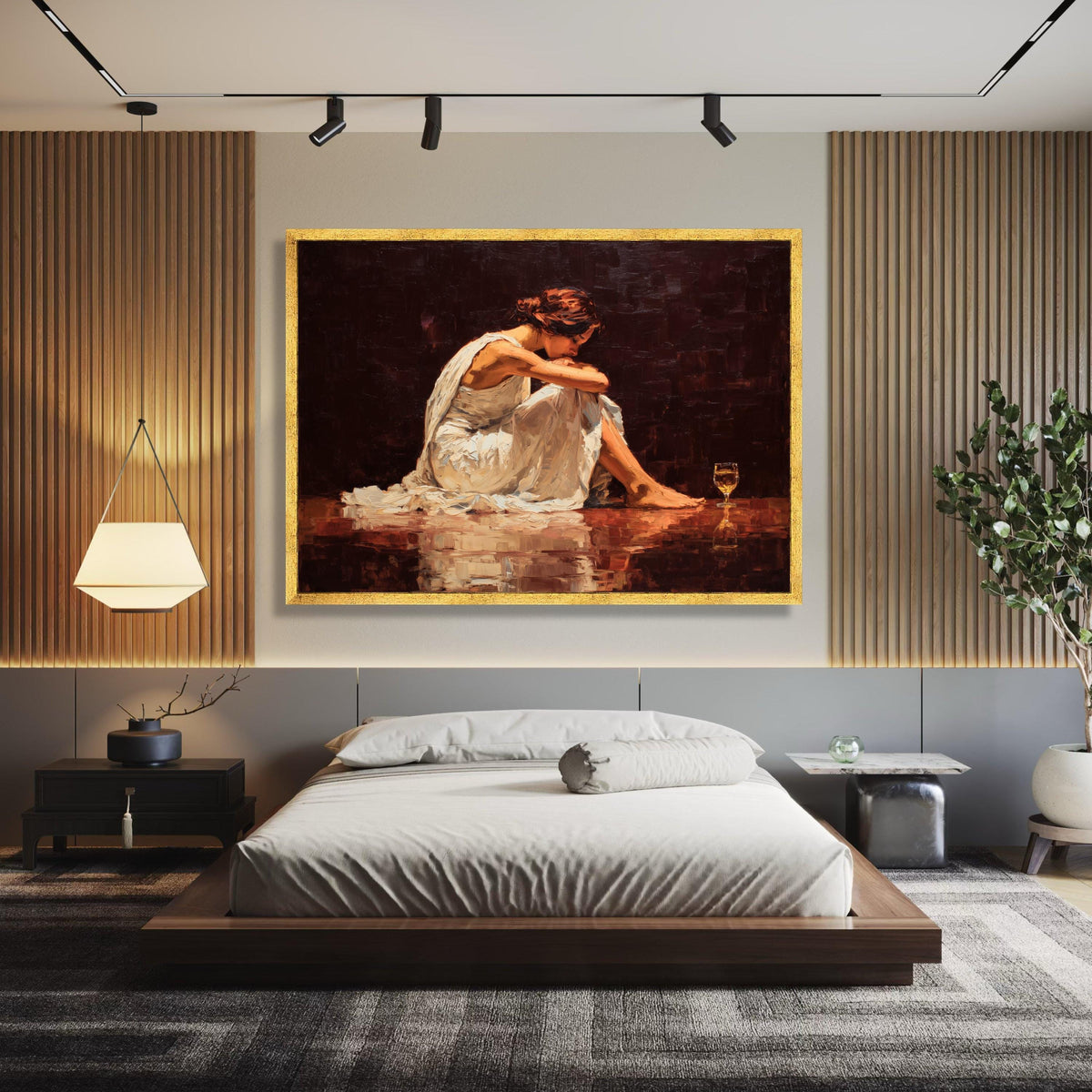 Reflective Woman Sitting, Contemplative Pose Canvas, White Dress Art, Emotional Expression Wall Art, wall decoration, canvas print, wall art