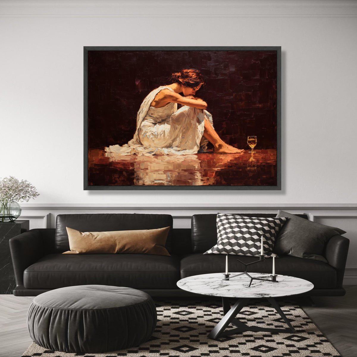Reflective Woman Sitting, Contemplative Pose Canvas, White Dress Art, Emotional Expression Wall Art, wall decoration, canvas print, wall art
