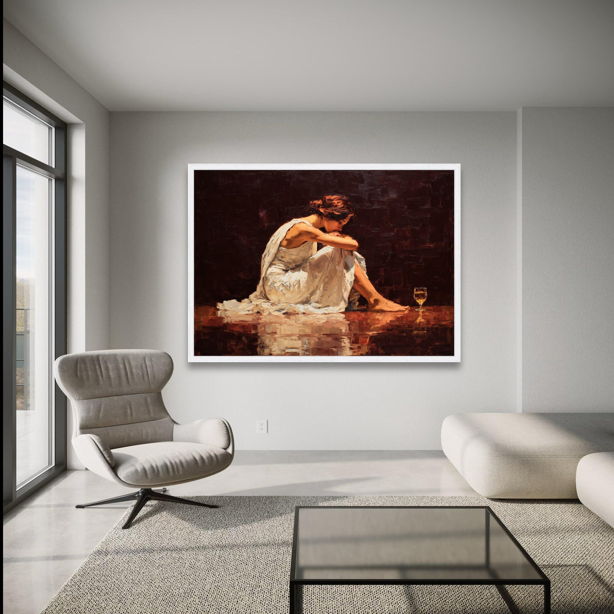 Reflective Woman Sitting, Contemplative Pose Canvas, White Dress Art, Emotional Expression Wall Art, wall decoration, canvas print, wall art