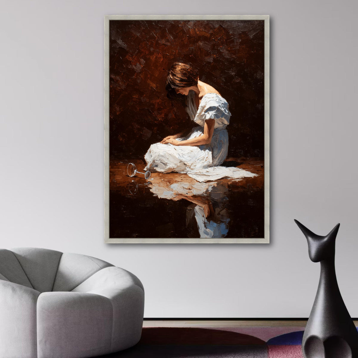 Reflective Wine Woman Canvas, Emotional Portrait Art, White Dress Painting, Modern Wall Decor, Fine wall decoration, canvas print, wall art
