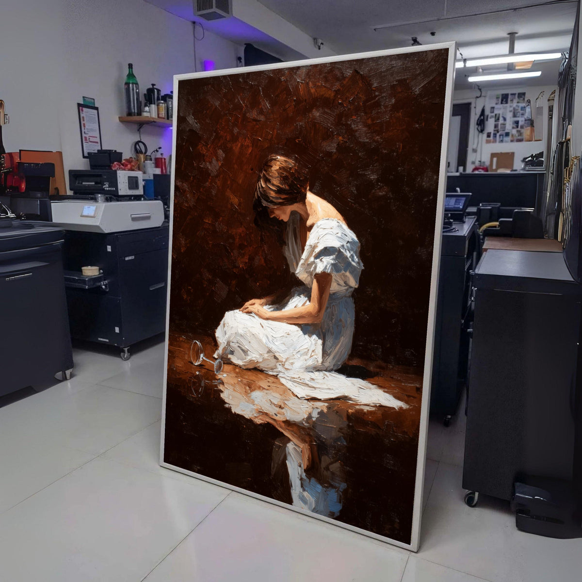 Reflective Wine Woman Canvas, Emotional Portrait Art, White Dress Painting, Modern Wall Decor, Fine wall decoration, canvas print, wall art