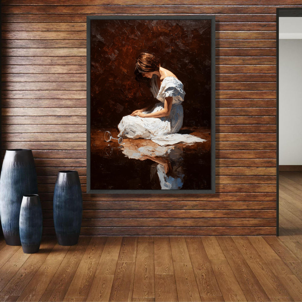 Reflective Wine Woman Canvas, Emotional Portrait Art, White Dress Painting, Modern Wall Decor, Fine wall decoration, canvas print, wall art
