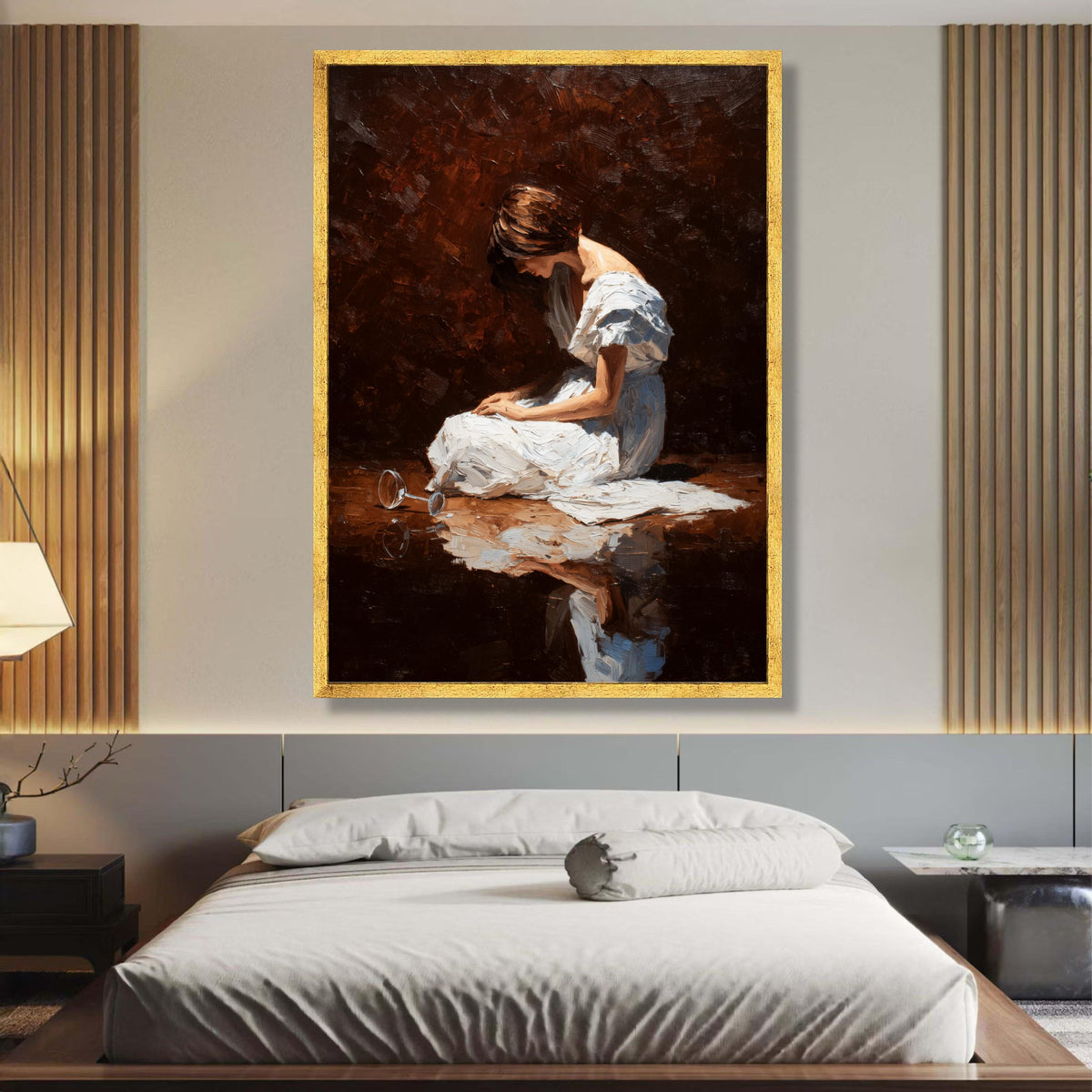 Reflective Wine Woman Canvas, Emotional Portrait Art, White Dress Painting, Modern Wall Decor, Fine wall decoration, canvas print, wall art