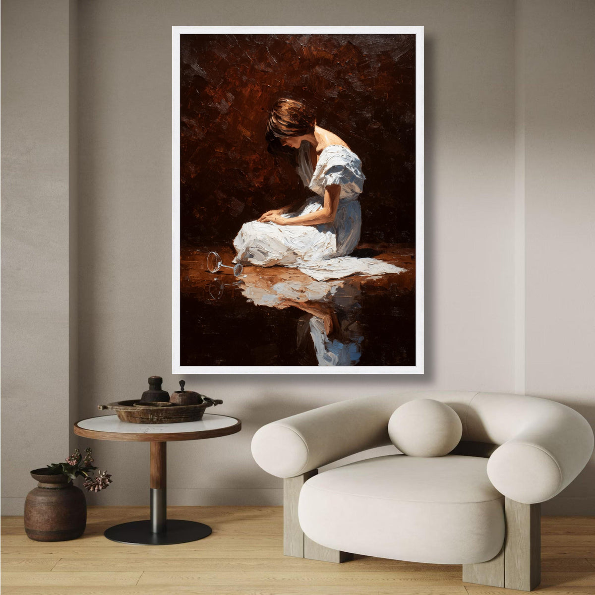 Reflective Wine Woman Canvas, Emotional Portrait Art, White Dress Painting, Modern Wall Decor, Fine wall decoration, canvas print, wall art