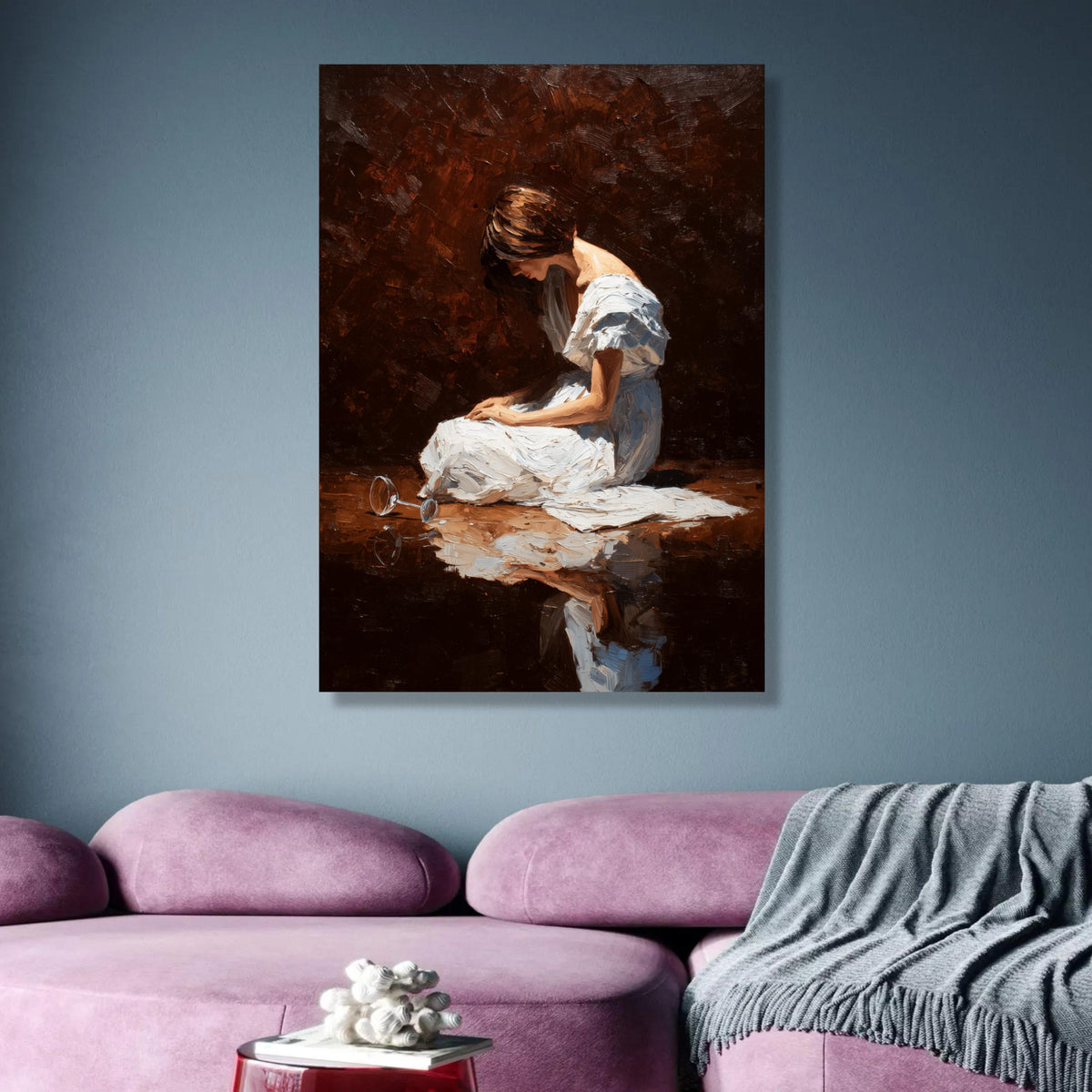 Reflective Wine Woman Canvas, Emotional Portrait Art, White Dress Painting, Modern Wall Decor, Fine wall decoration, canvas print, wall art