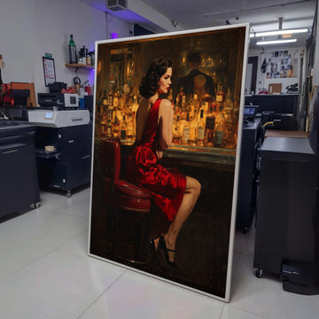 Vintage Glamour Woman in Red Dress Canvas, Bar Scene Wall Art, Retro Elegance Decor, Nightlife wall decoration, canvas print, wall art