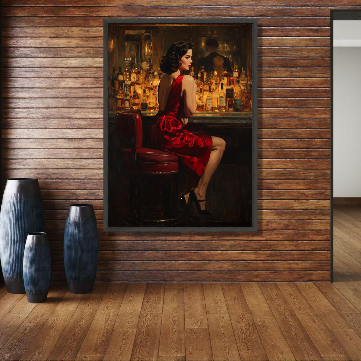 Vintage Glamour Woman in Red Dress Canvas, Bar Scene Wall Art, Retro Elegance Decor, Nightlife wall decoration, canvas print, wall art
