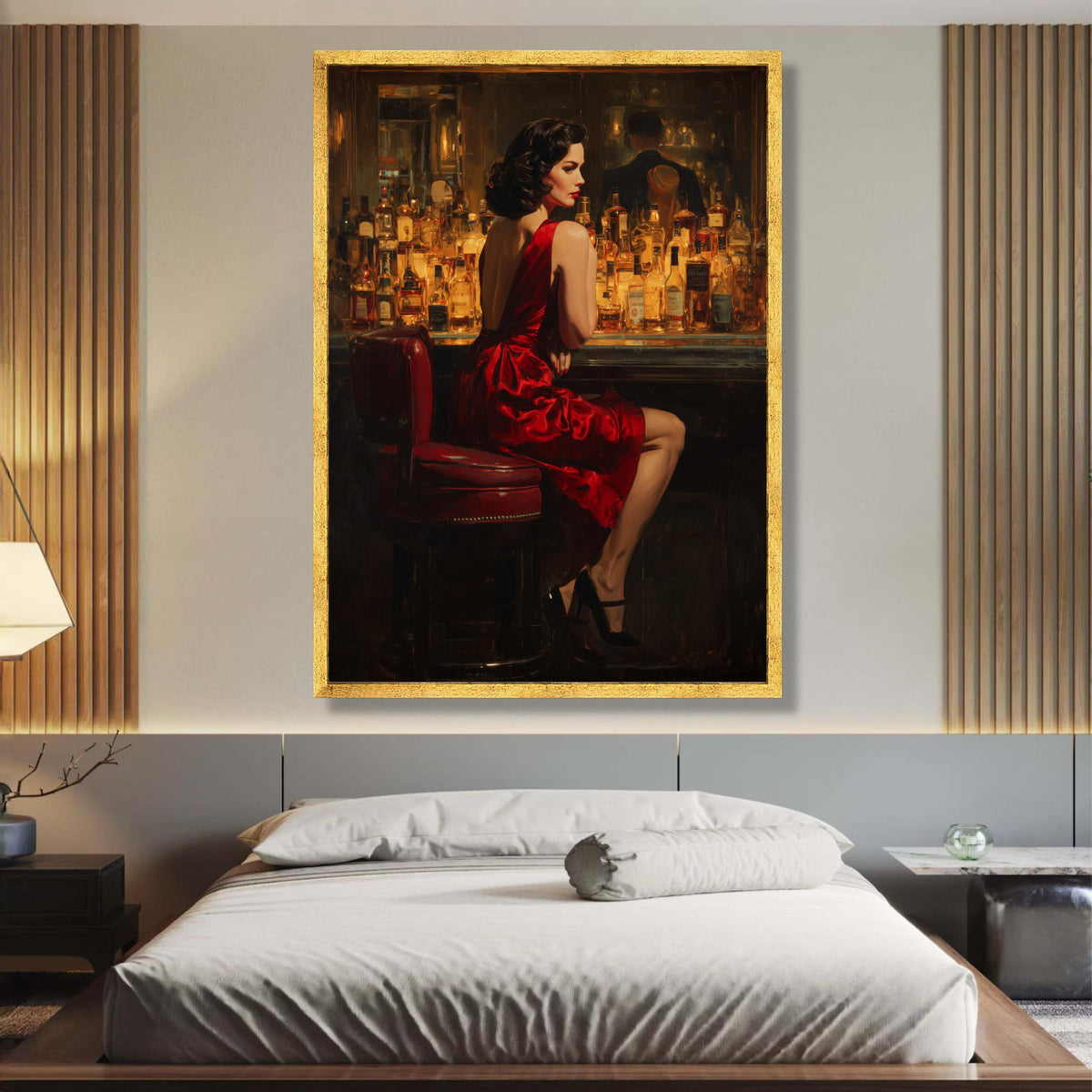 Vintage Glamour Woman in Red Dress Canvas, Bar Scene Wall Art, Retro Elegance Decor, Nightlife wall decoration, canvas print, wall art