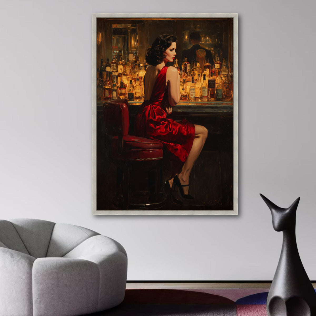 Vintage Glamour Woman in Red Dress Canvas, Bar Scene Wall Art, Retro Elegance Decor, Nightlife wall decoration, canvas print, wall art