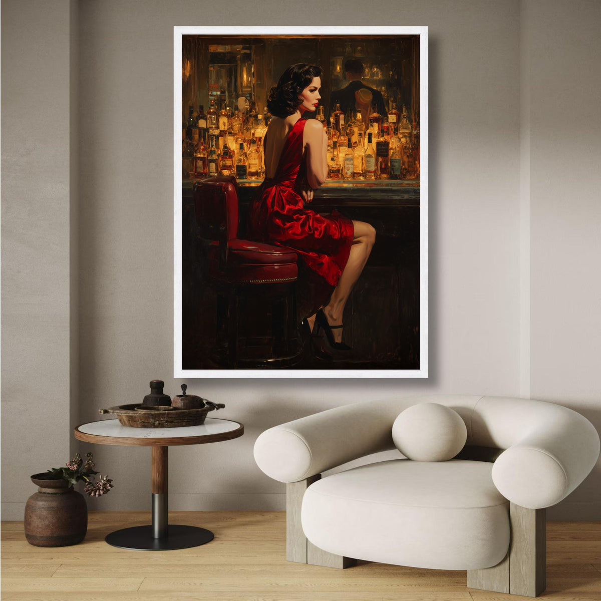 Vintage Glamour Woman in Red Dress Canvas, Bar Scene Wall Art, Retro Elegance Decor, Nightlife wall decoration, canvas print, wall art