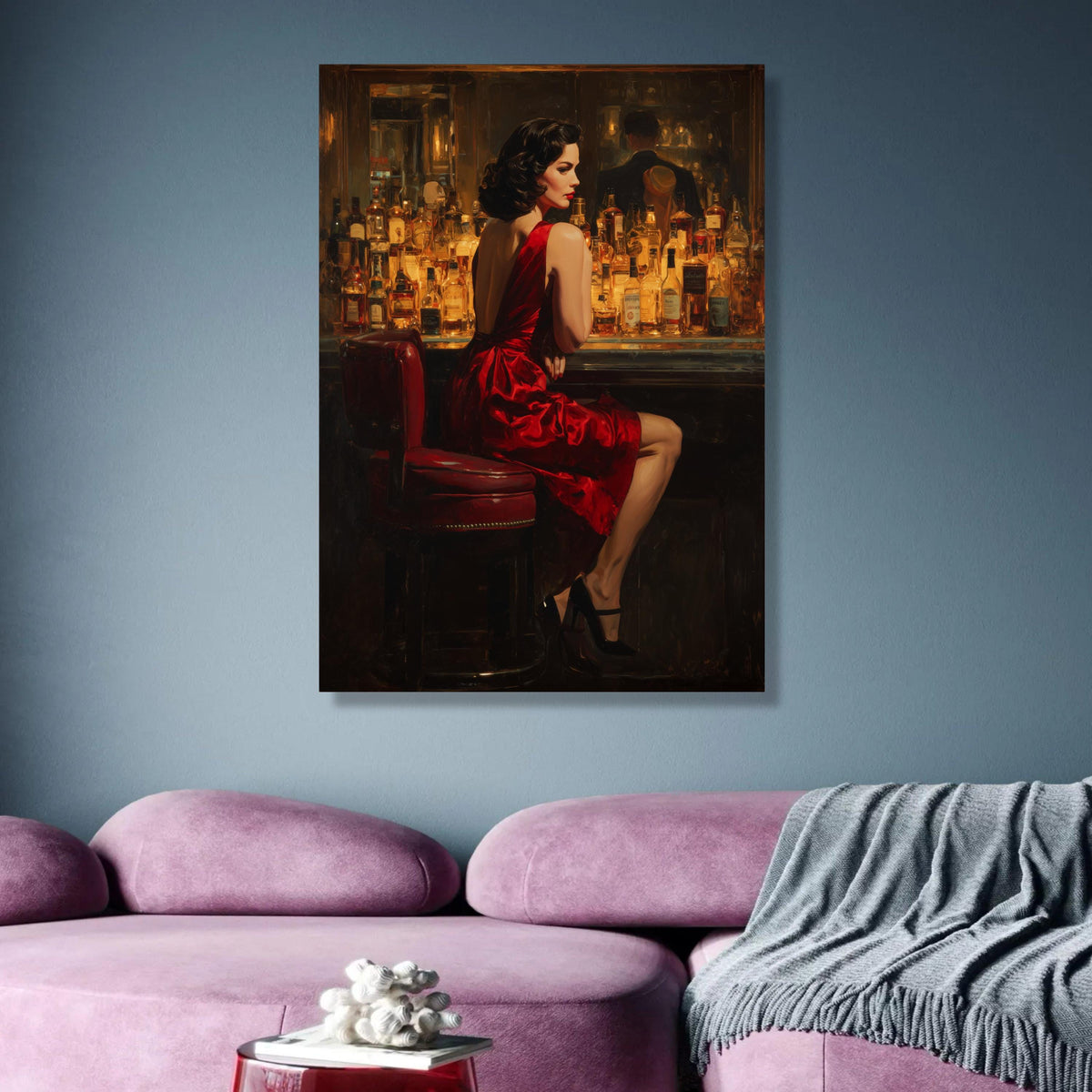 Vintage Glamour Woman in Red Dress Canvas, Bar Scene Wall Art, Retro Elegance Decor, Nightlife wall decoration, canvas print, wall art