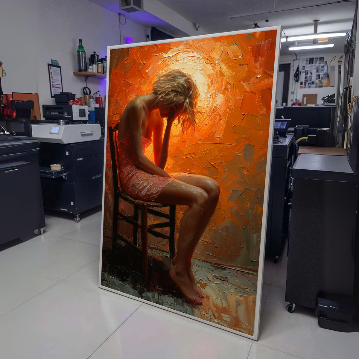 Contemplative Woman Sitting, Emotional Figurative Canvas Art, Abstract Orange Background, Modern wall decoration, canvas print, wall art