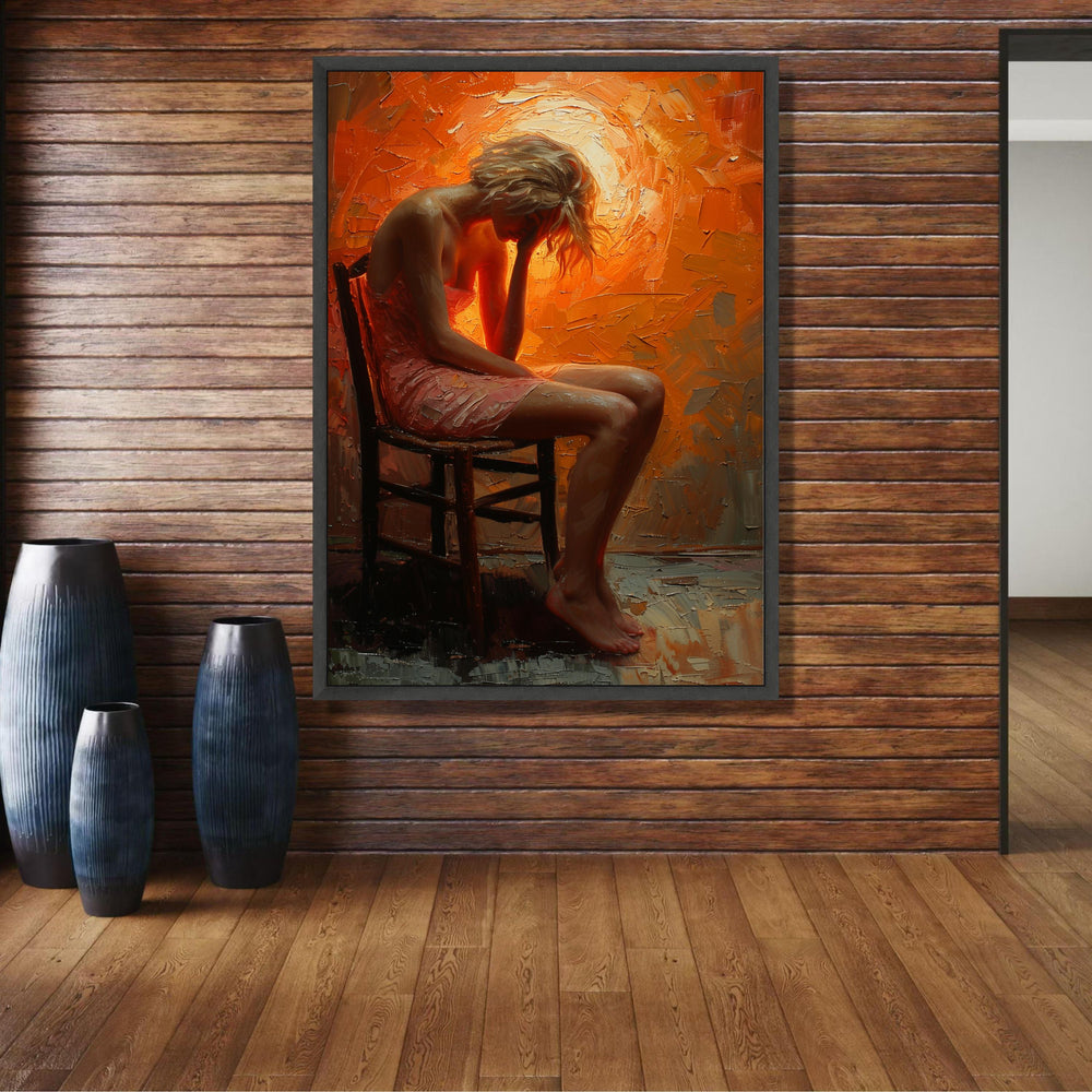Contemplative Woman Sitting, Emotional Figurative Canvas Art, Abstract Orange Background, Modern wall decoration, canvas print, wall art