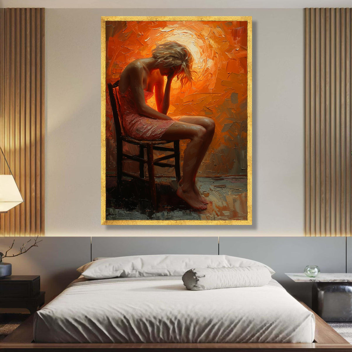 Contemplative Woman Sitting, Emotional Figurative Canvas Art, Abstract Orange Background, Modern wall decoration, canvas print, wall art