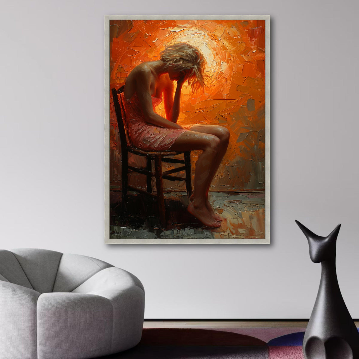 Contemplative Woman Sitting, Emotional Figurative Canvas Art, Abstract Orange Background, Modern wall decoration, canvas print, wall art