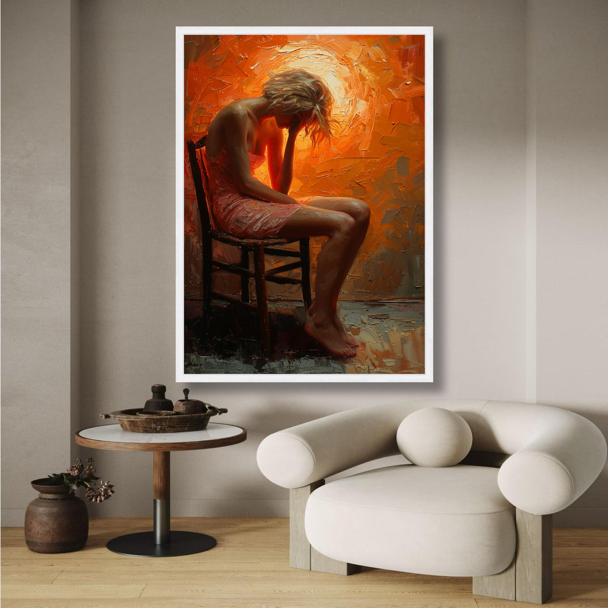 Contemplative Woman Sitting, Emotional Figurative Canvas Art, Abstract Orange Background, Modern wall decoration, canvas print, wall art
