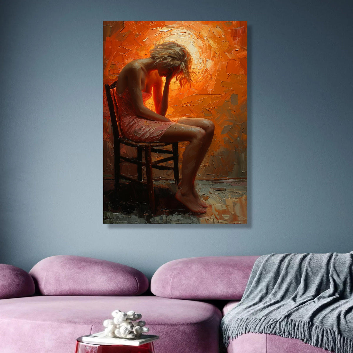 Contemplative Woman Sitting, Emotional Figurative Canvas Art, Abstract Orange Background, Modern wall decoration, canvas print, wall art