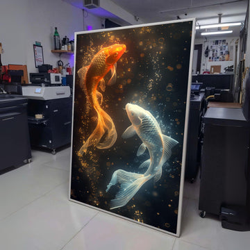 Radiant Koi Fish Duo Canvas, Glowing Orange and White Koi Wall Art, Underwater Scene Canvas, Aquatic wall decoration, canvas print, wall art